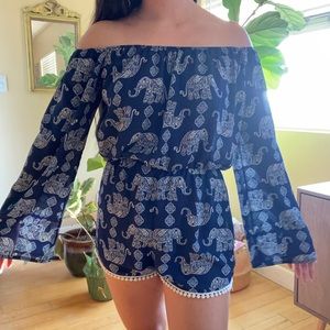 Elephant Print Off-Shoulder Long Sleeve Romper